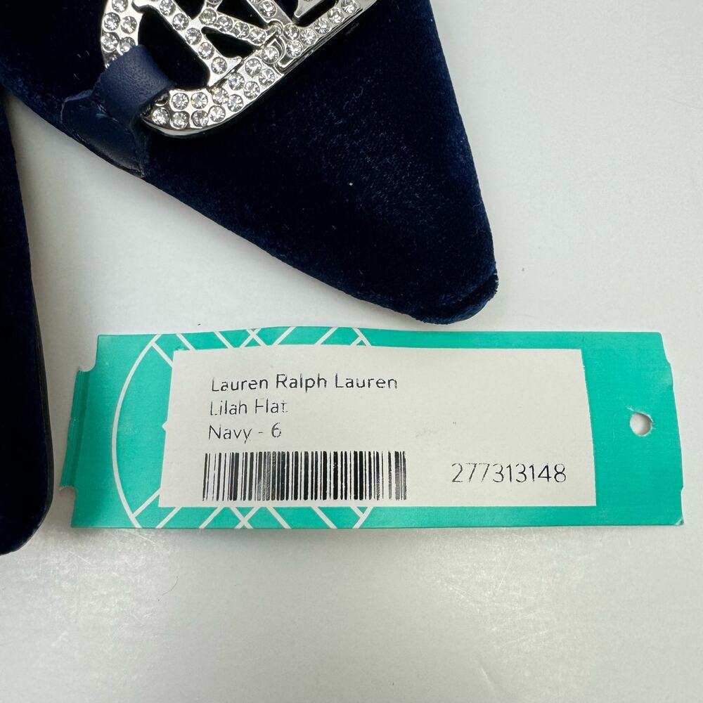 NEW Lauren Ralph Lauren | Lilah Navy Blue Velvet Crystal Logo Pointed Toe Flat - Picture 10 of 11